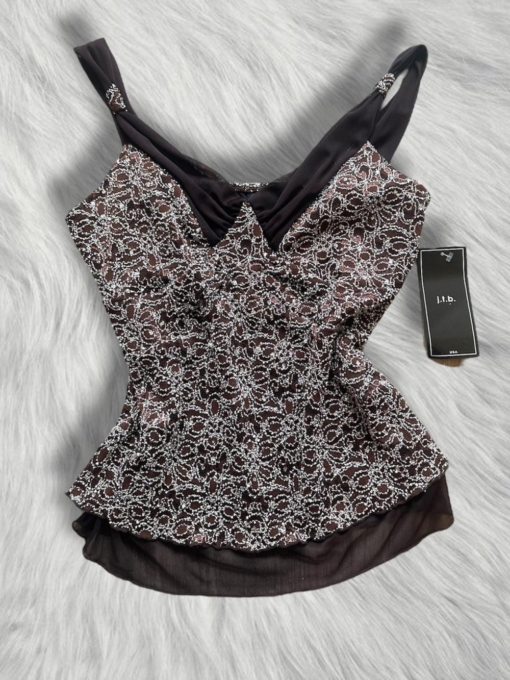 Brown Floral Lace Overlay V-Neck Tank Top
